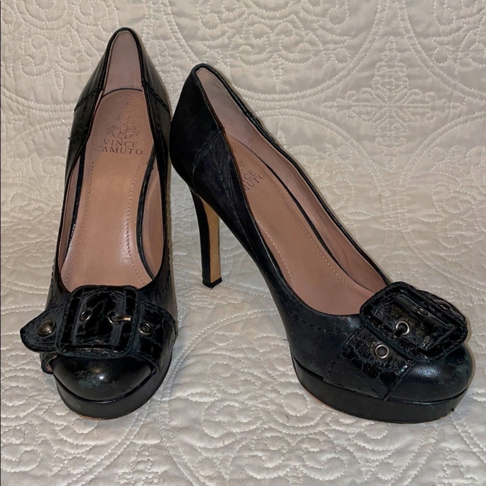 Black leather high heels